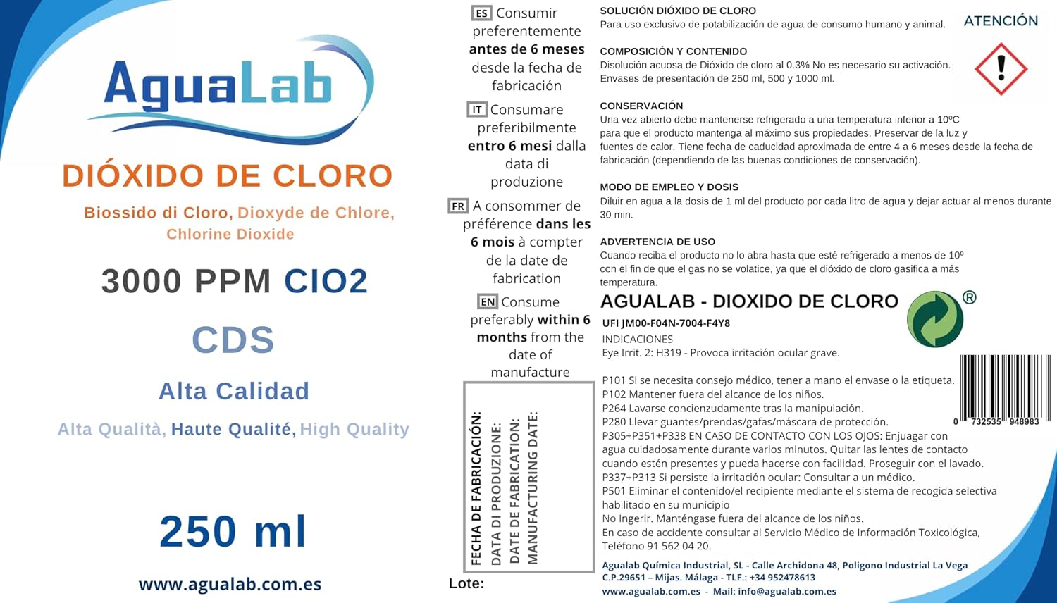 Dióxido de Cloro Agualab 250ml Vidrio 3000 PPM - PH Neutro con agua ultra pura. Fabricado en laboratorio español registrado. Ahora Jeringa Gratis - R.O.E.S.B.A. 24-20/40/90-12176